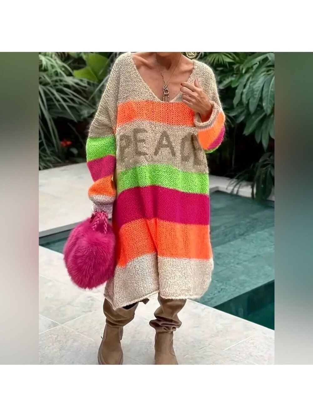 Oversized Bohemian Knit Crochet Peace Pattern Color Block Loose Sweater Dress - Picture 2 of 5